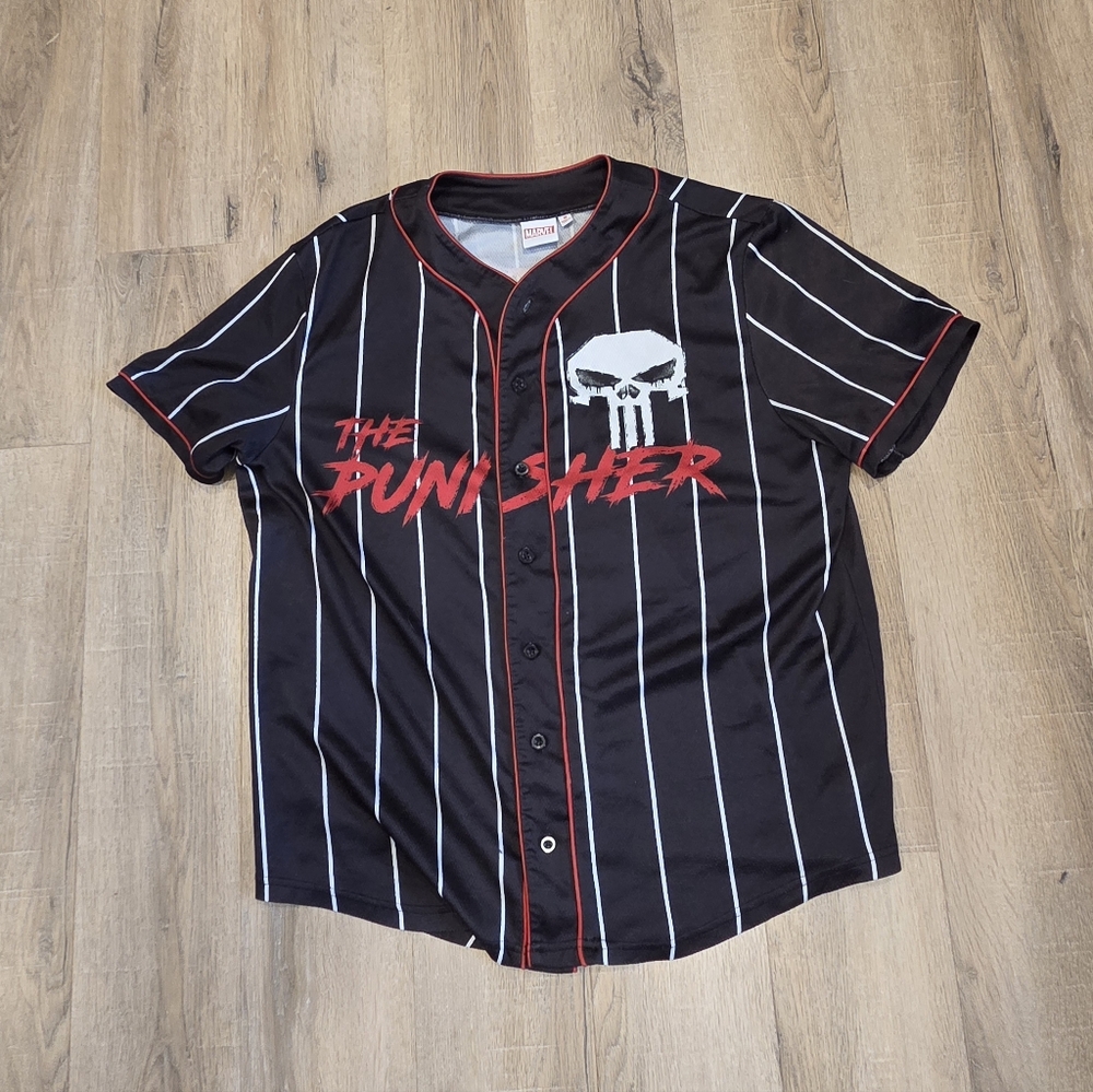 Marvel The Punisher Pinstripe Baseball Jersey Adult Mens Size Med Black Red
